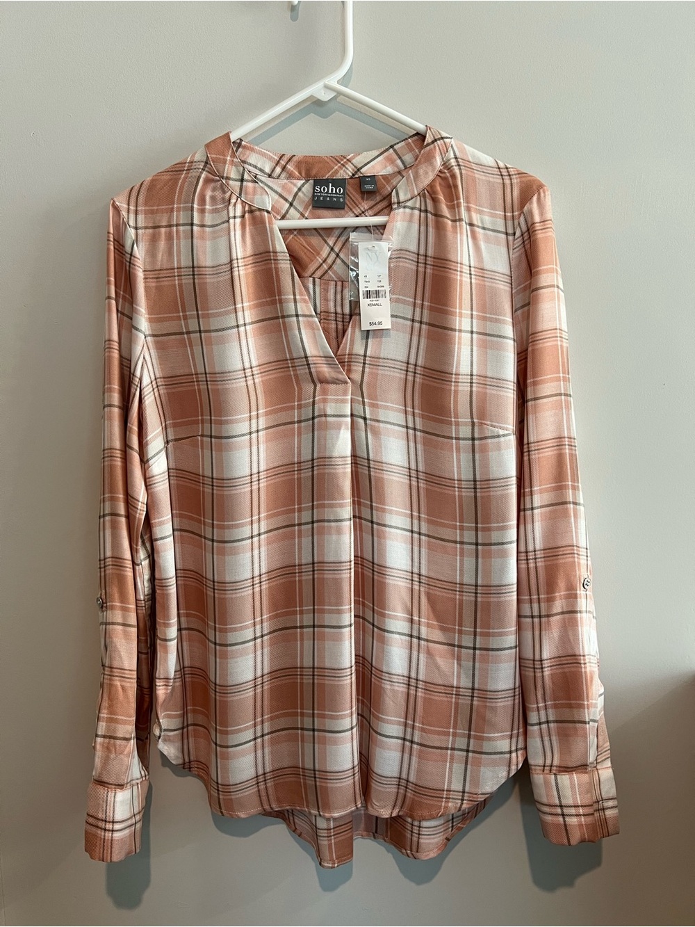 Soho Peach-Pink Plaid Long-Sleeve V-Neck Blouse